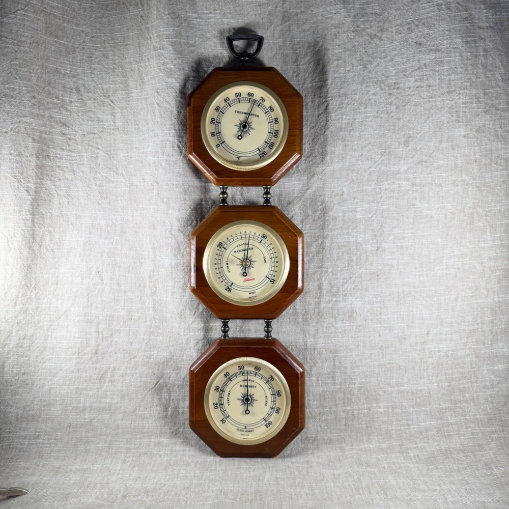 Vintage Wood Weather Station Barometer Thermometer Hygrometer Wall